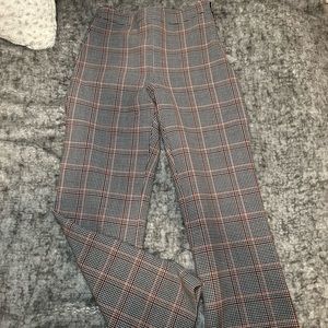 Aritzia Wilfred red, grey and black plaid flare trousers